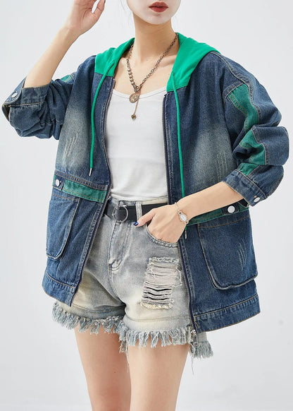 Green Patchwork Denim Coats Hooded Pockets Fall Ada Fashion