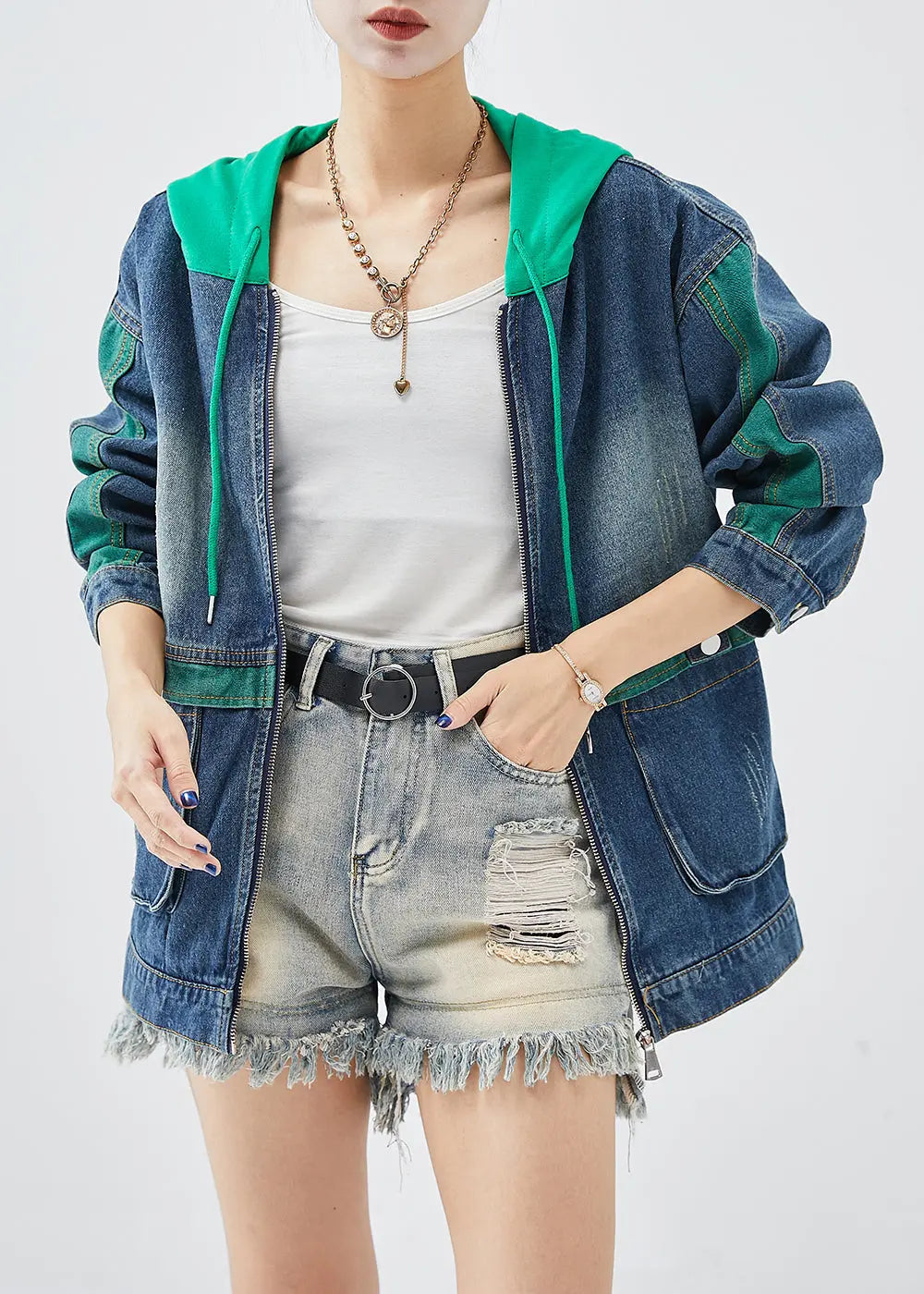 Green Patchwork Denim Coats Hooded Pockets Fall Ada Fashion