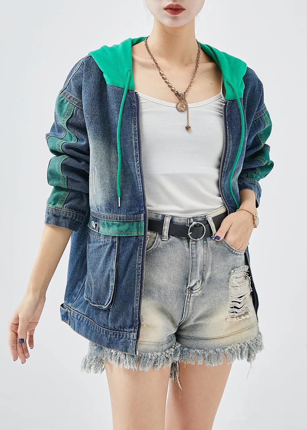 Green Patchwork Denim Coats Hooded Pockets Fall Ada Fashion