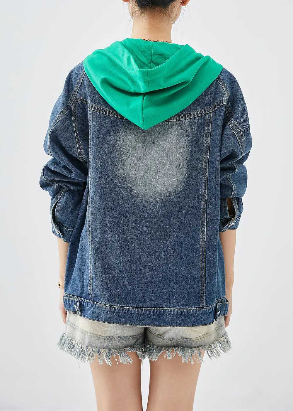 Green Patchwork Denim Coats Hooded Pockets Fall Ada Fashion