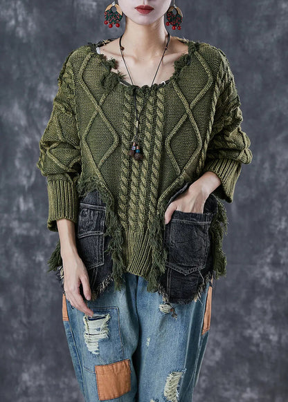 Green Patchwork Denim Knit Ripped Sweaters Asymmetrical Winter Ada Fashion