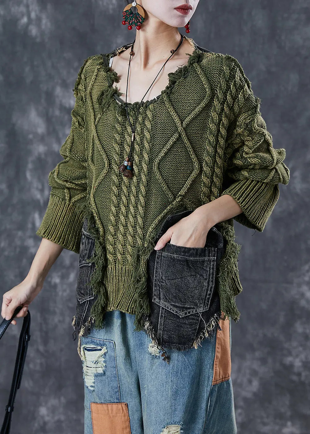 Green Patchwork Denim Knit Ripped Sweaters Asymmetrical Winter Ada Fashion