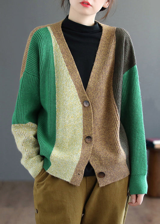 Green Patchwork Knitting Cardigan Top V Neck Long Sleeve Ada Fashion