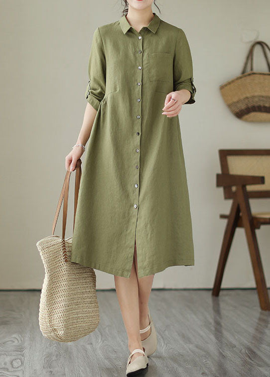 Green Patchwork Linen Dress Peter Pan Collar Wrinkled Summer LY4969 - fabuloryshop