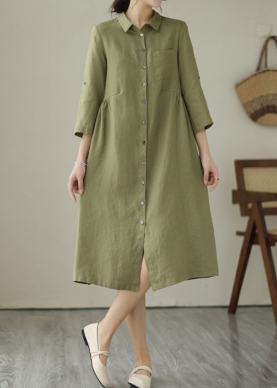 Green Patchwork Linen Dress Peter Pan Collar Wrinkled Summer LY4969 - fabuloryshop