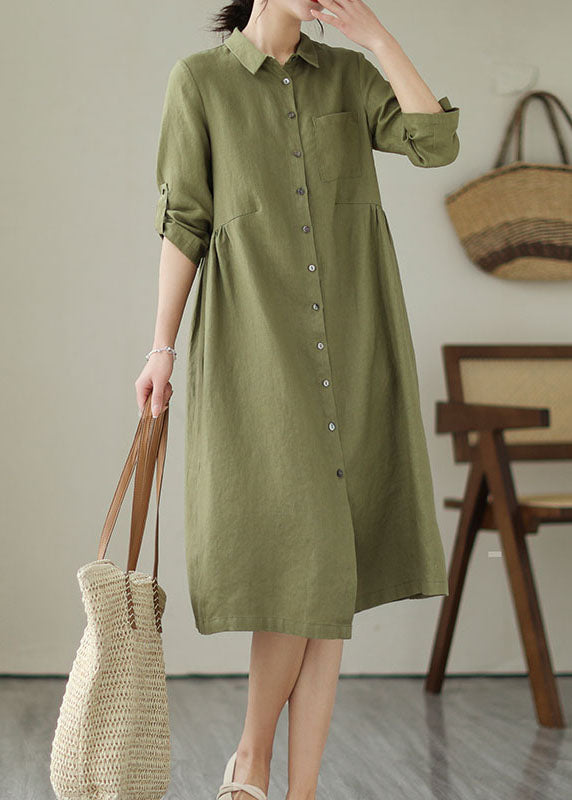 Green Patchwork Linen Dress Peter Pan Collar Wrinkled Summer LY4969 - fabuloryshop