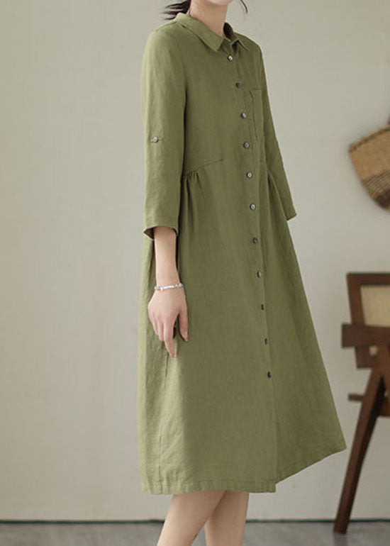 Green Patchwork Linen Dress Peter Pan Collar Wrinkled Summer LY4969 - fabuloryshop