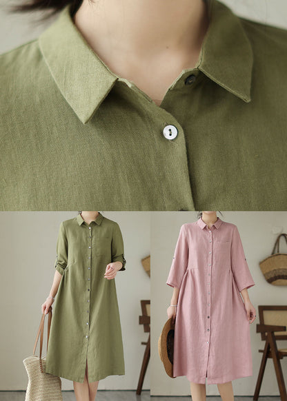 Green Patchwork Linen Dress Peter Pan Collar Wrinkled Summer LY4969 - fabuloryshop