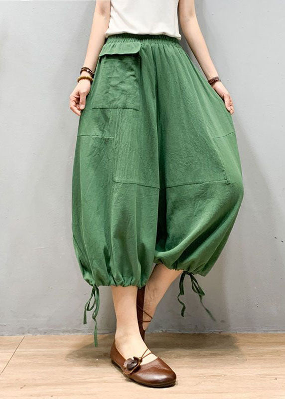 Green Patchwork Linen Lantern Pants Wrinkled Elastic Waist Summer LY0612 - fabuloryshop