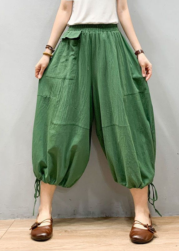 Green Patchwork Linen Lantern Pants Wrinkled Elastic Waist Summer LY0612 - fabuloryshop