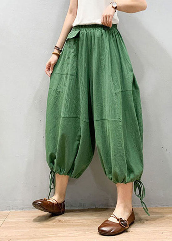 Green Patchwork Linen Lantern Pants Wrinkled Elastic Waist Summer LY0612 - fabuloryshop