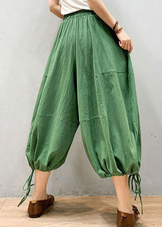 Green Patchwork Linen Lantern Pants Wrinkled Elastic Waist Summer LY0612