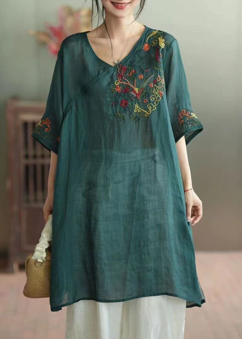 Green Patchwork Linen Mid Dress V Neck Embroideried Summer LY4052 - fabuloryshop