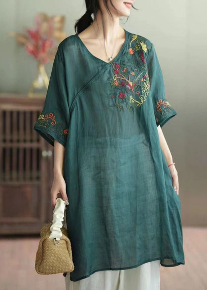 Green Patchwork Linen Mid Dress V Neck Embroideried Summer LY4052 - fabuloryshop