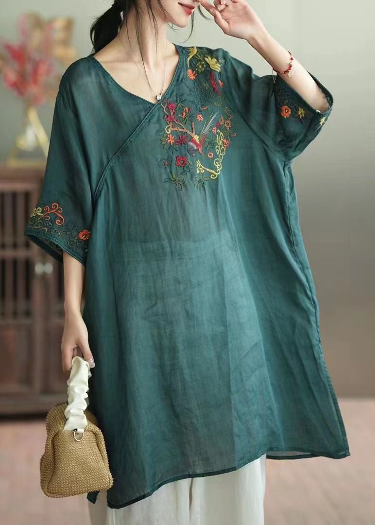 Green Patchwork Linen Mid Dress V Neck Embroideried Summer LY4052 - fabuloryshop