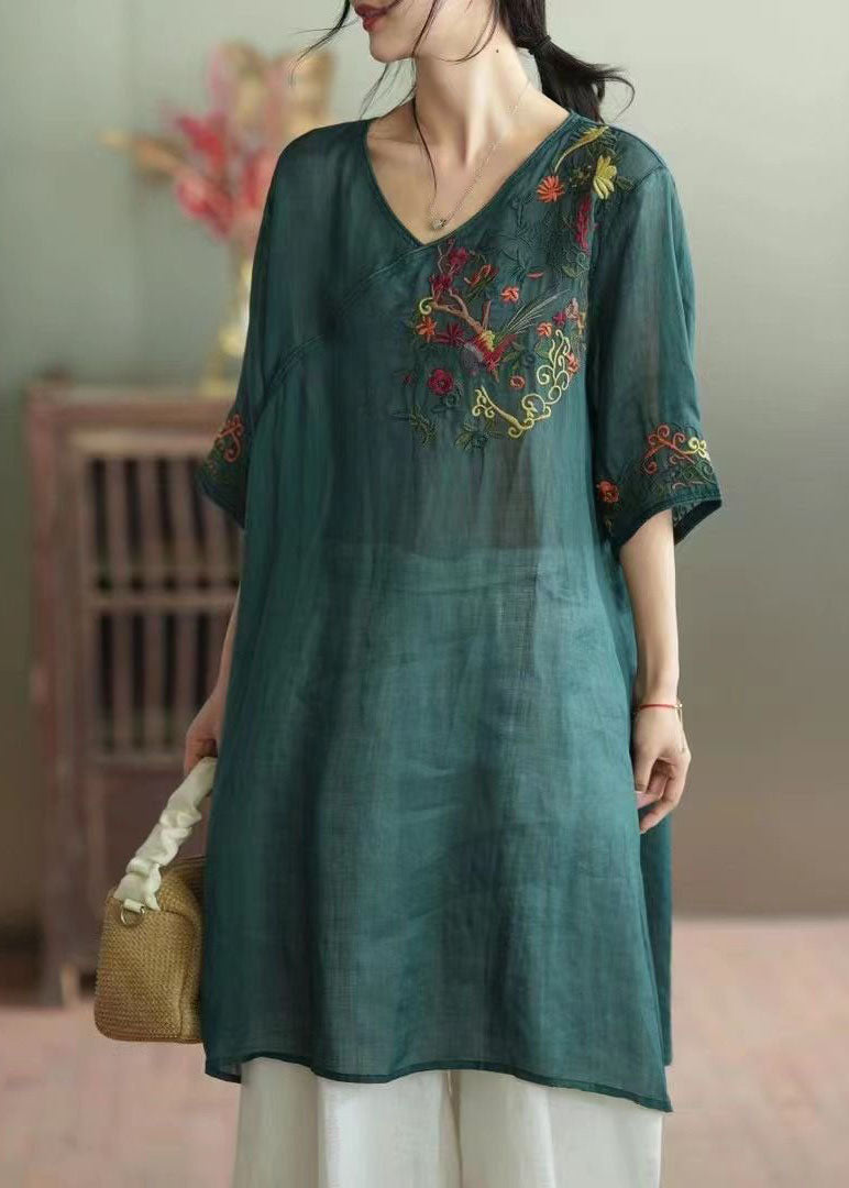 Green Patchwork Linen Mid Dress V Neck Embroideried Summer LY4052 - fabuloryshop