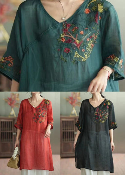 Green Patchwork Linen Mid Dress V Neck Embroideried Summer LY4052 - fabuloryshop