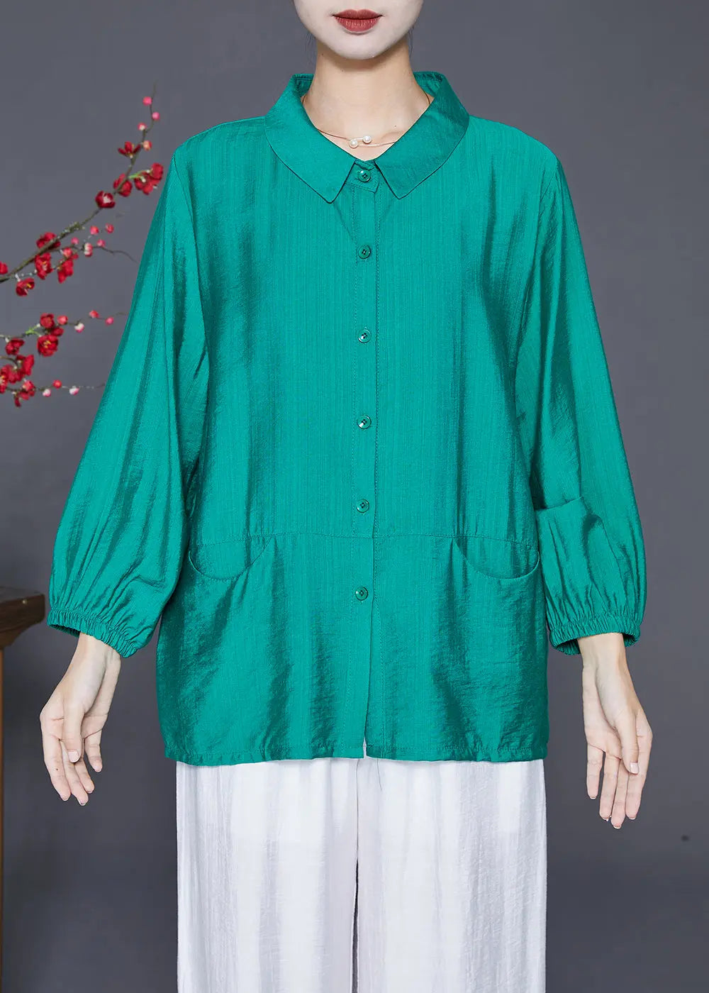 Green Patchwork Linen Silk Shirt Tops Peter Pan Collar Pockets Fall Ada Fashion