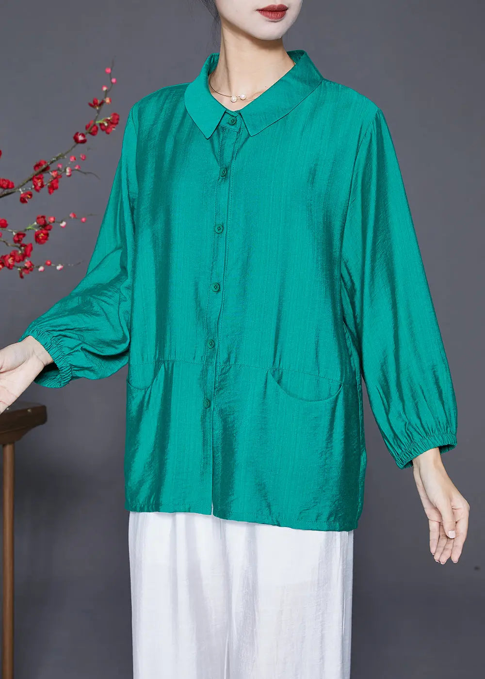 Green Patchwork Linen Silk Shirt Tops Peter Pan Collar Pockets Fall Ada Fashion