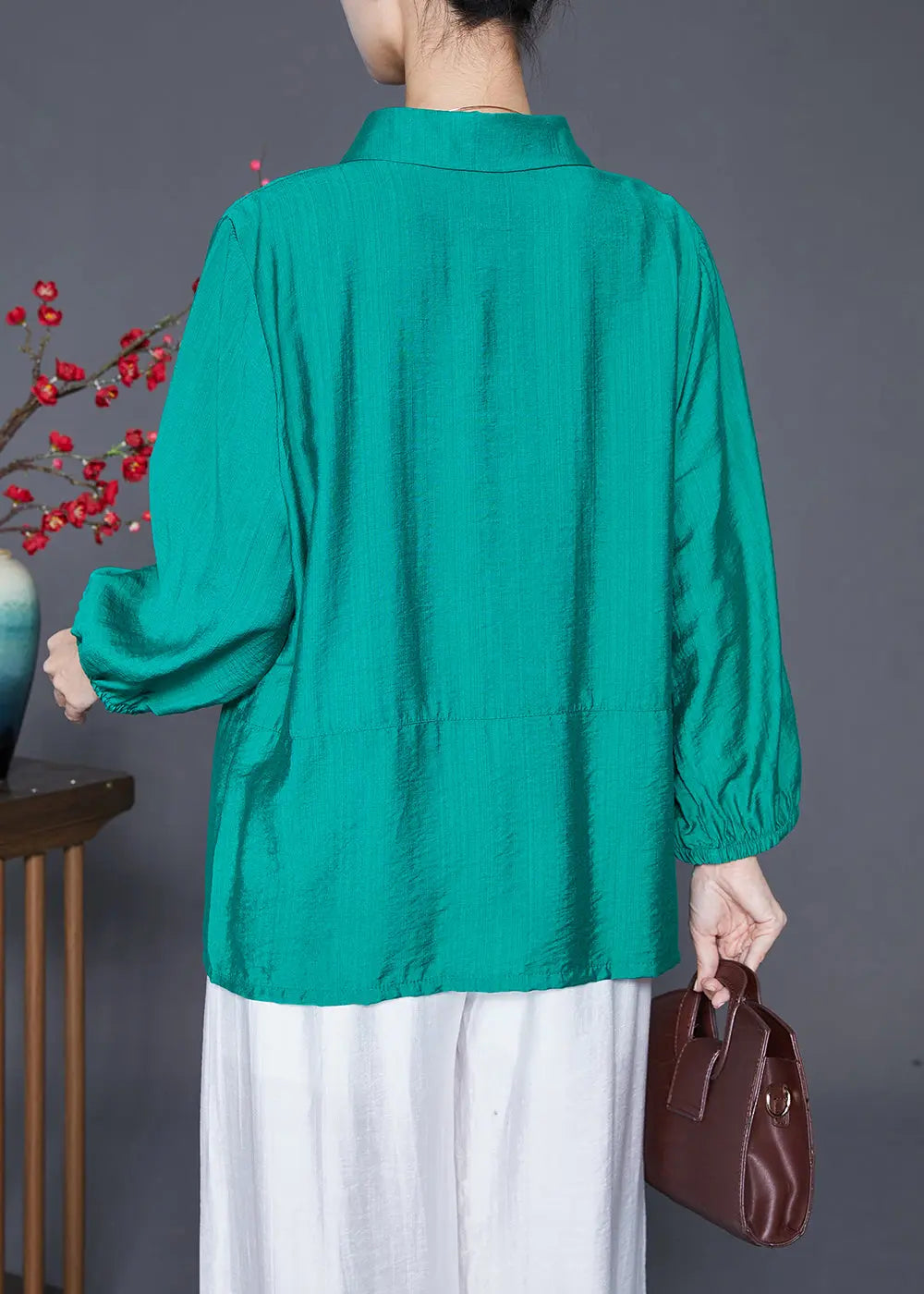 Green Patchwork Linen Silk Shirt Tops Peter Pan Collar Pockets Fall Ada Fashion