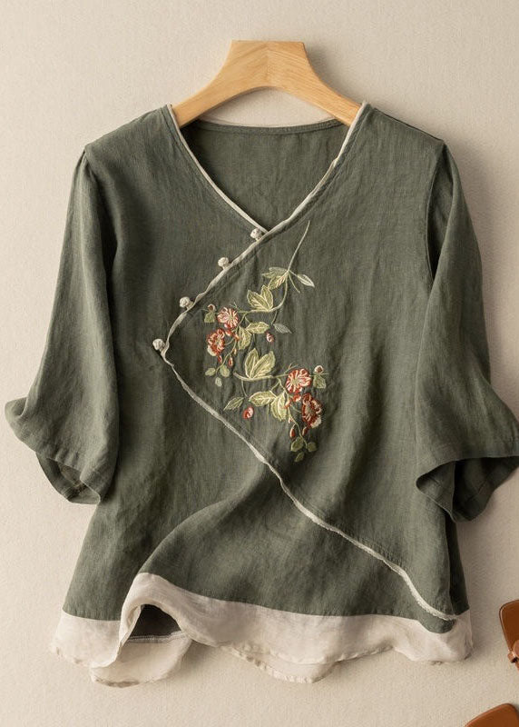 Green Patchwork Linen Top V Neck Embroideried Summer LY2932 - fabuloryshop