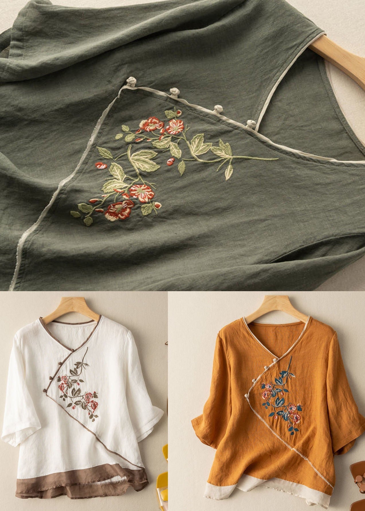 Green Patchwork Linen Top V Neck Embroideried Summer LY2932 - fabuloryshop