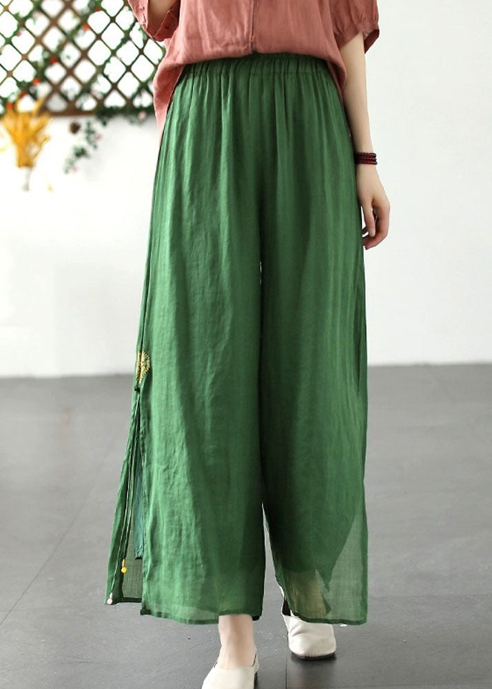 Green Patchwork Linen Wide Leg Pants Elastic Waist Side Open Summer Ada Fashion