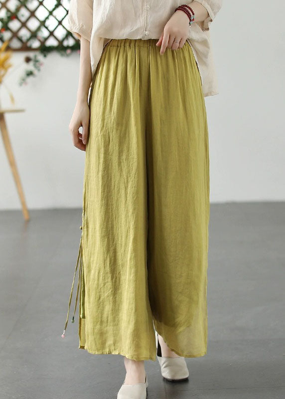 Green Patchwork Linen Wide Leg Pants Elastic Waist Side Open Summer Ada Fashion