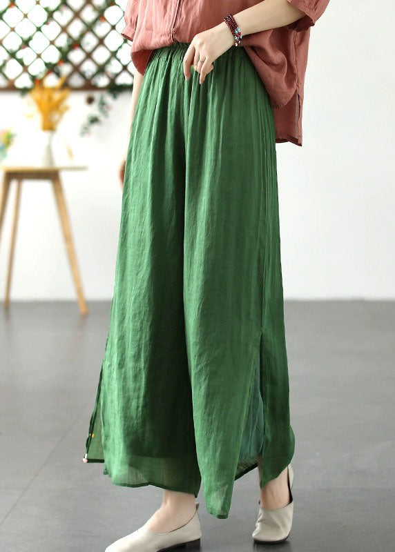 Green Patchwork Linen Wide Leg Pants Elastic Waist Side Open Summer Ada Fashion