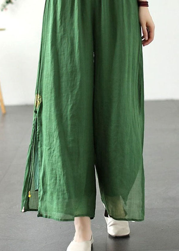 Green Patchwork Linen Wide Leg Pants Elastic Waist Side Open Summer Ada Fashion