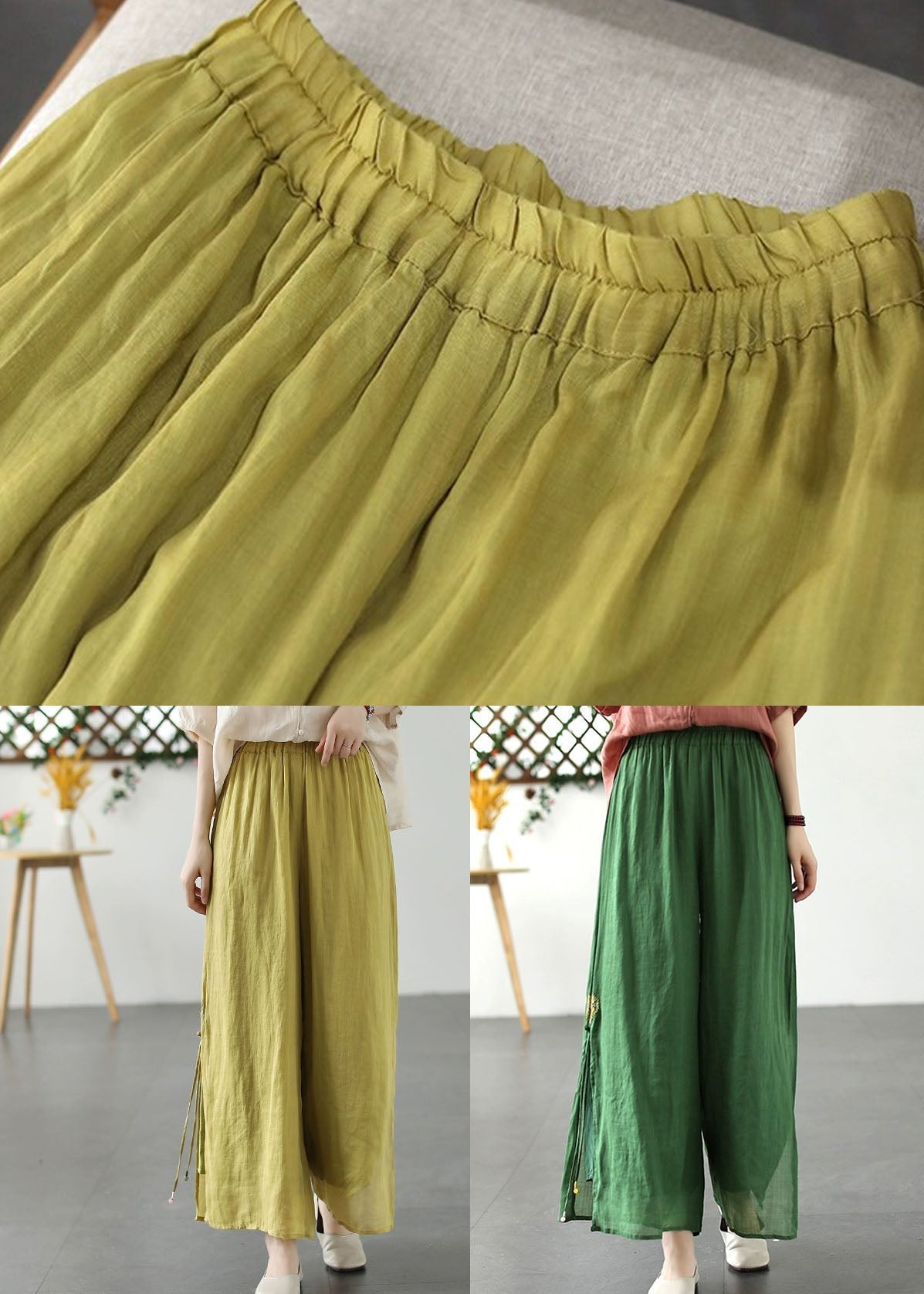 Green Patchwork Linen Wide Leg Pants Elastic Waist Side Open Summer Ada Fashion