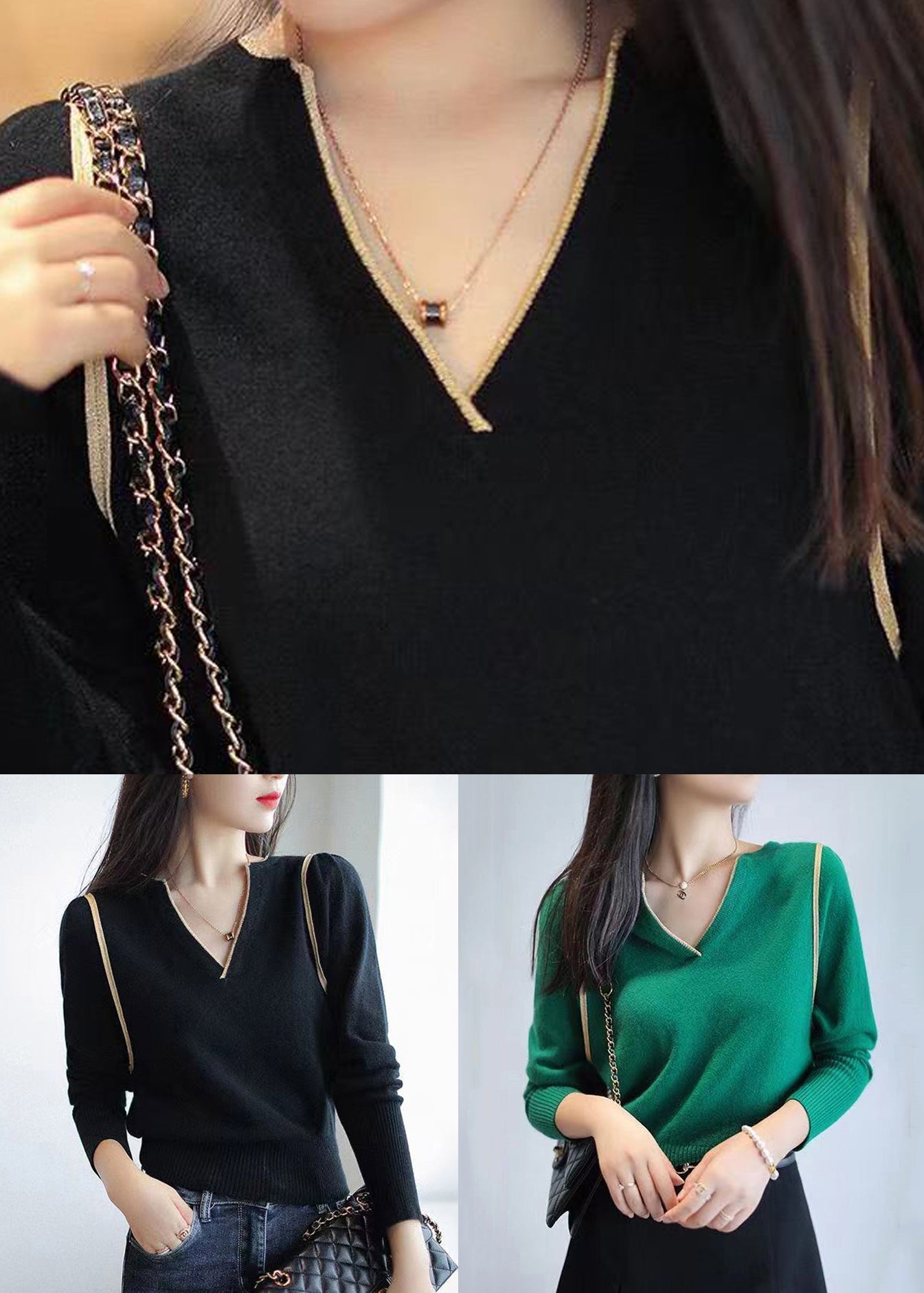 Loose Knit Top V Neck Long Sleeve