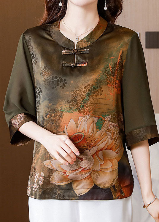 Green Patchwork Print Silk Shirt Oriental Button Summer LY0465
