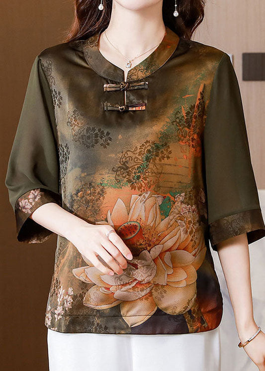 Green Patchwork Print Silk Shirt Oriental Button Summer LY0465 - fabuloryshop