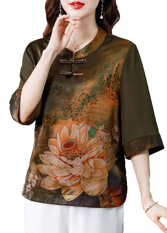Green Patchwork Print Silk Shirt Oriental Button Summer LY0465