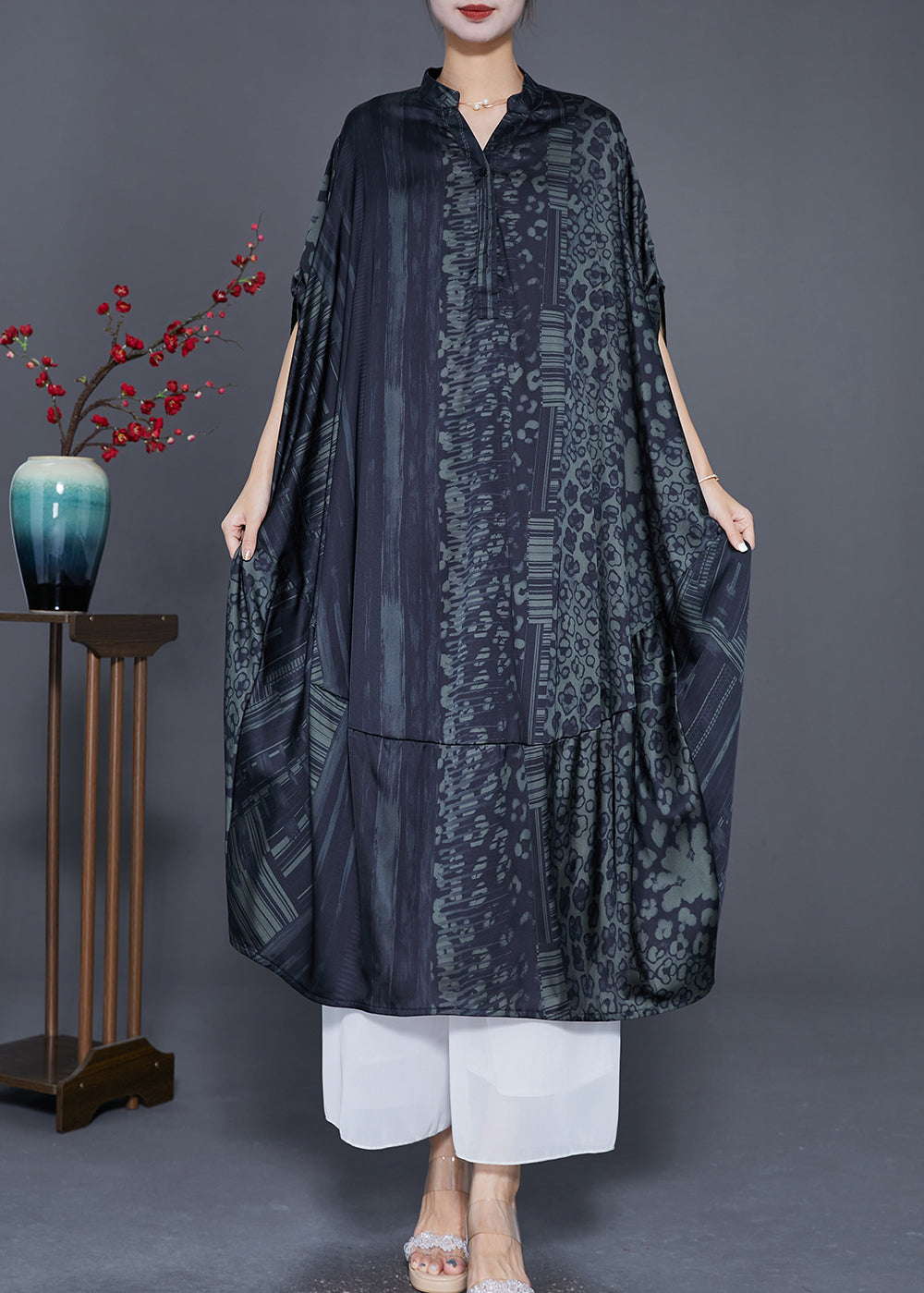 Green Patchwork Silk Maxi Dresses V Neck Print Summer LY7694