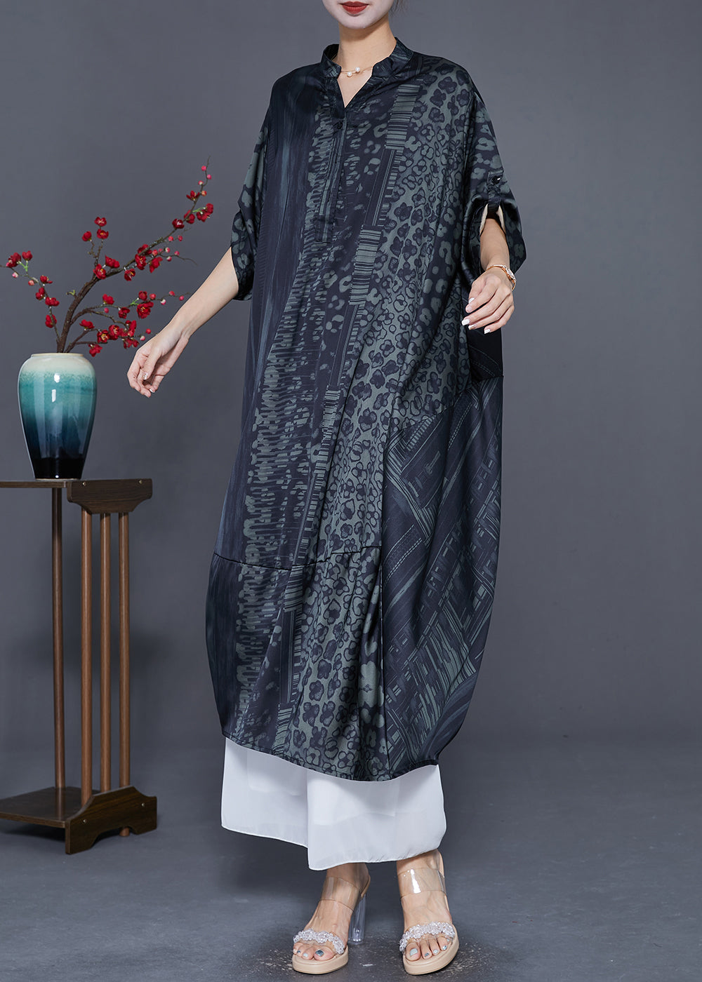 Green Patchwork Silk Maxi Dresses V Neck Print Summer LY7694