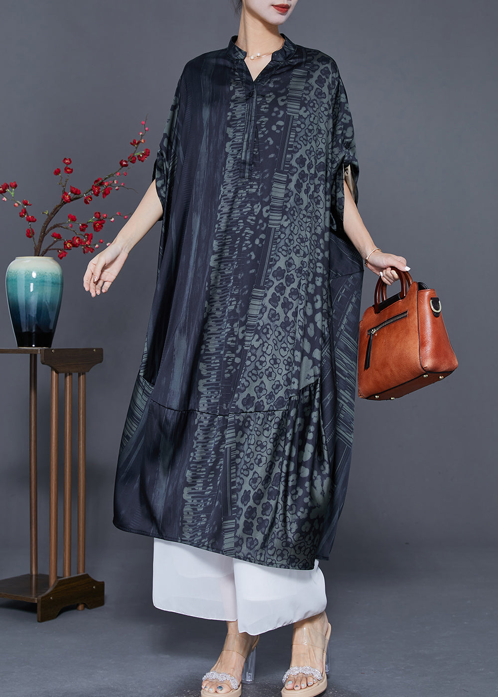 Green Patchwork Silk Maxi Dresses V Neck Print Summer LY7694