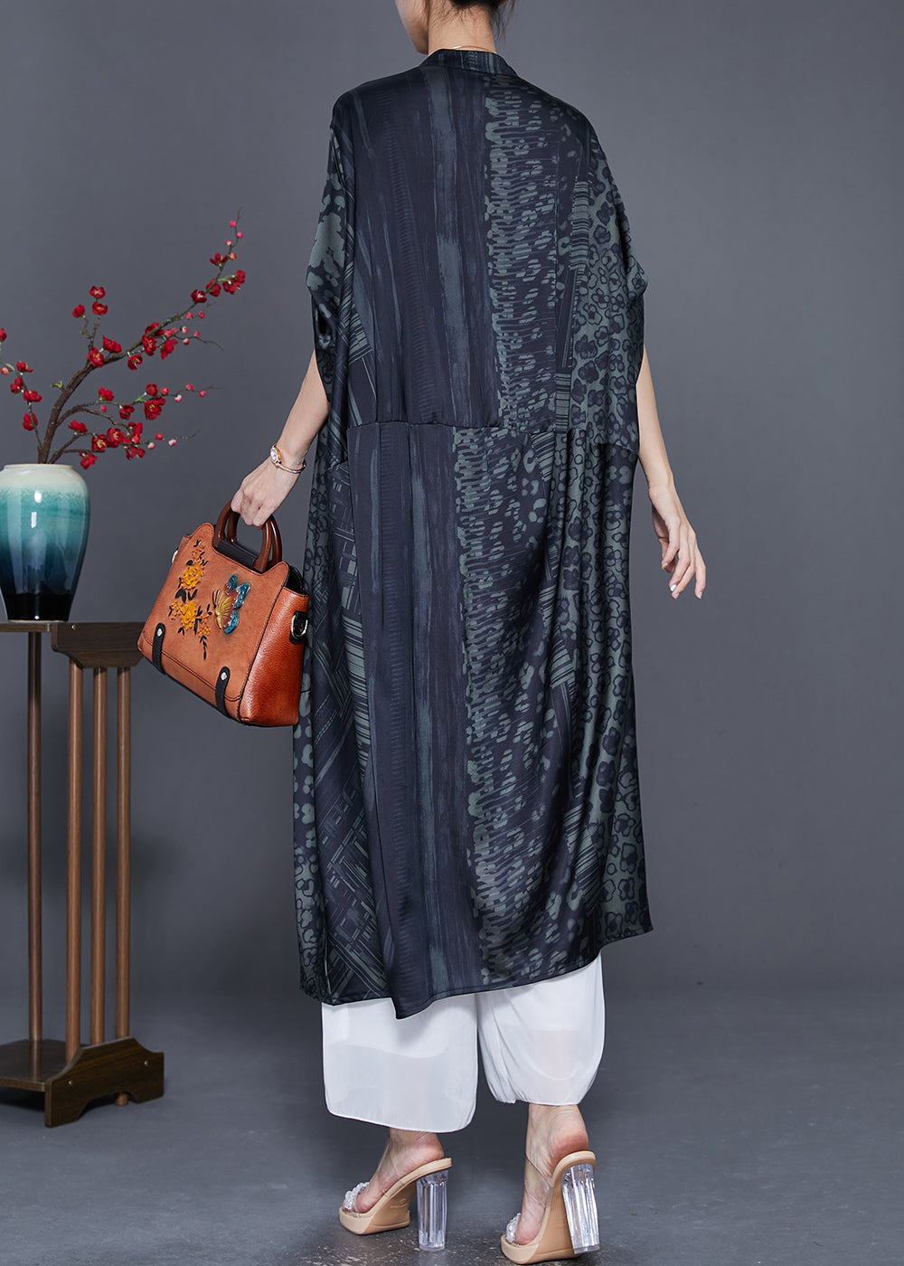 Green Patchwork Silk Maxi Dresses V Neck Print Summer LY7694