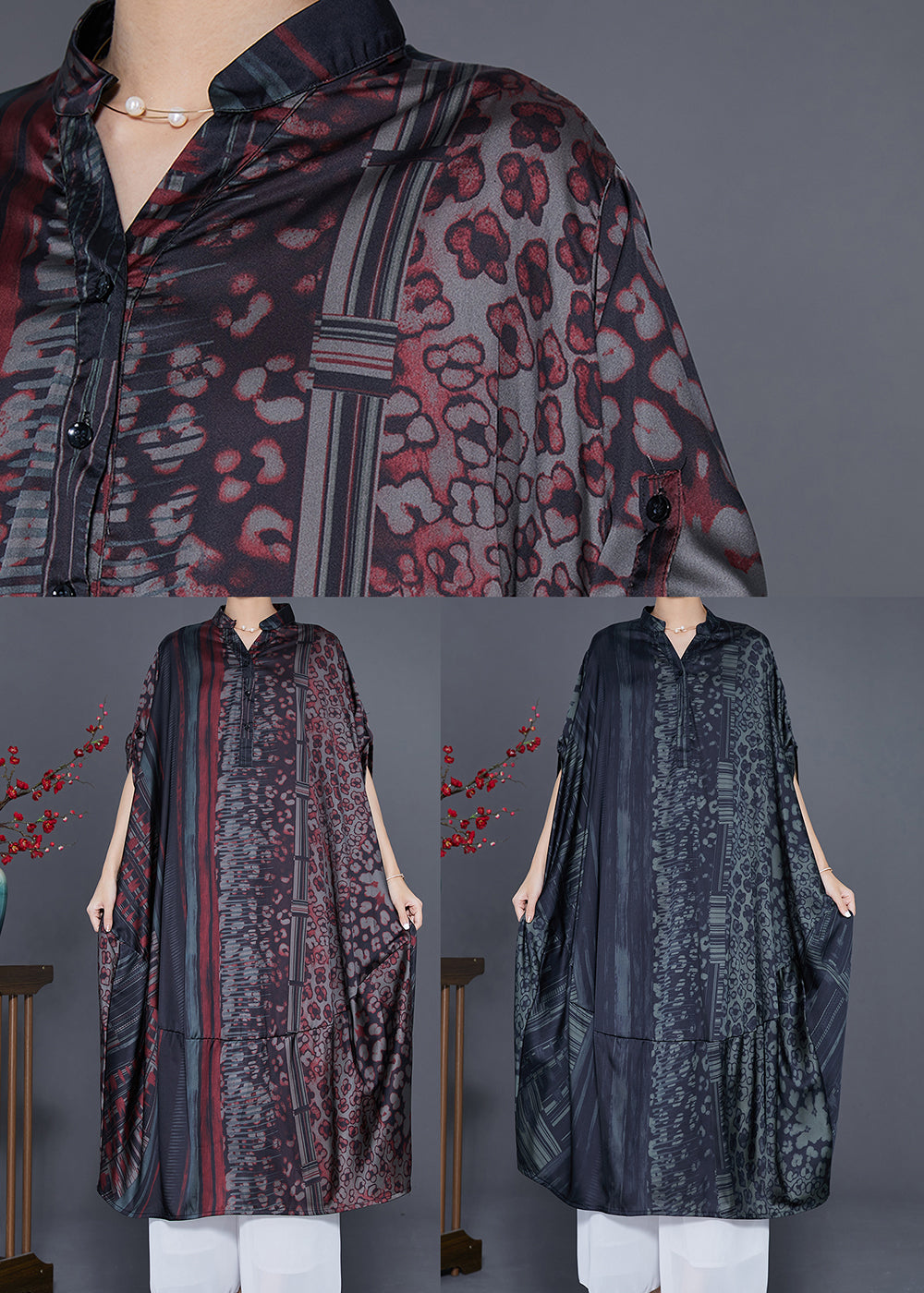 Green Patchwork Silk Maxi Dresses V Neck Print Summer LY7694