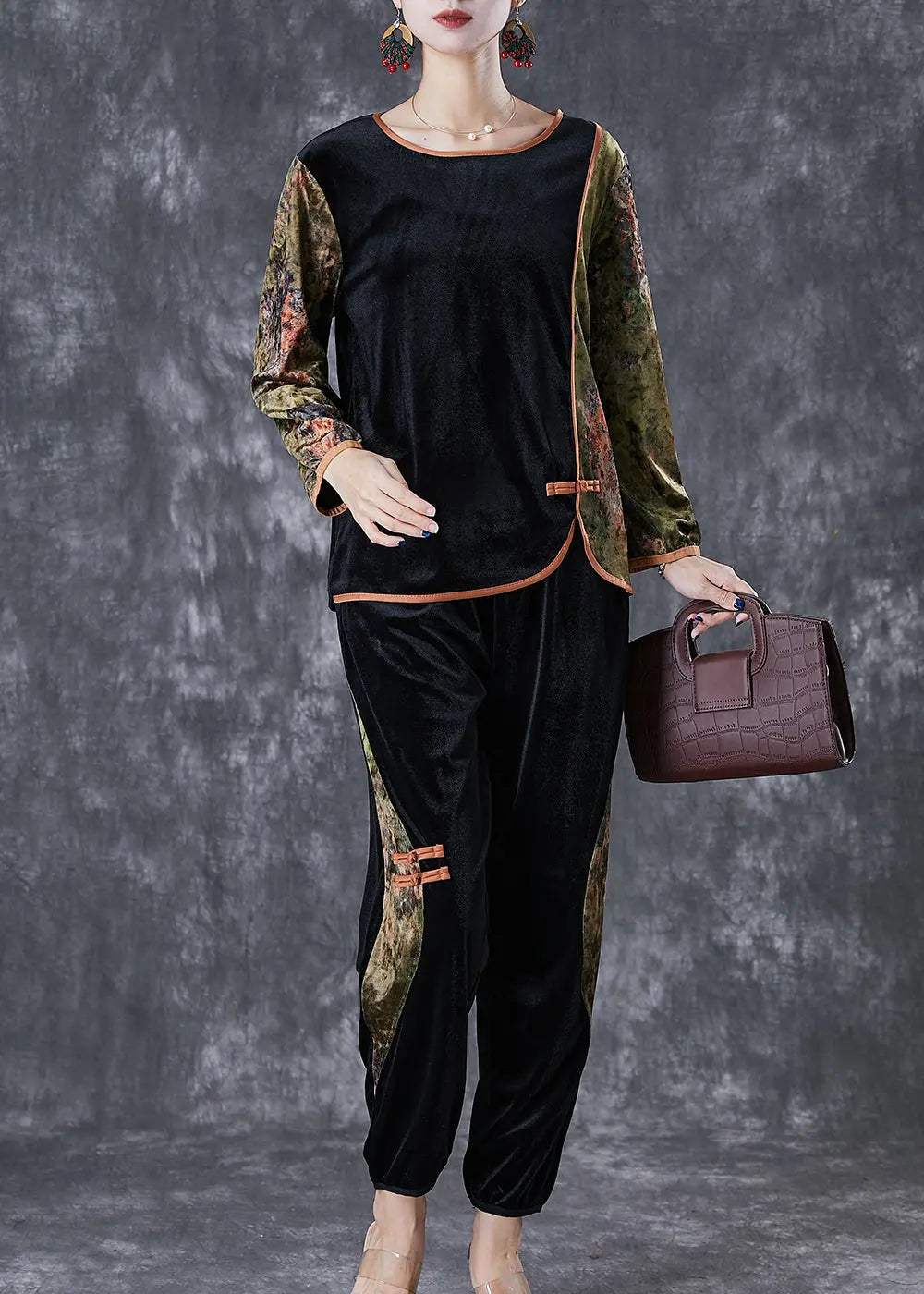 Green Patchwork Silk Velour Women Two Pieces Chinese Button Set Fall Ada Fashion