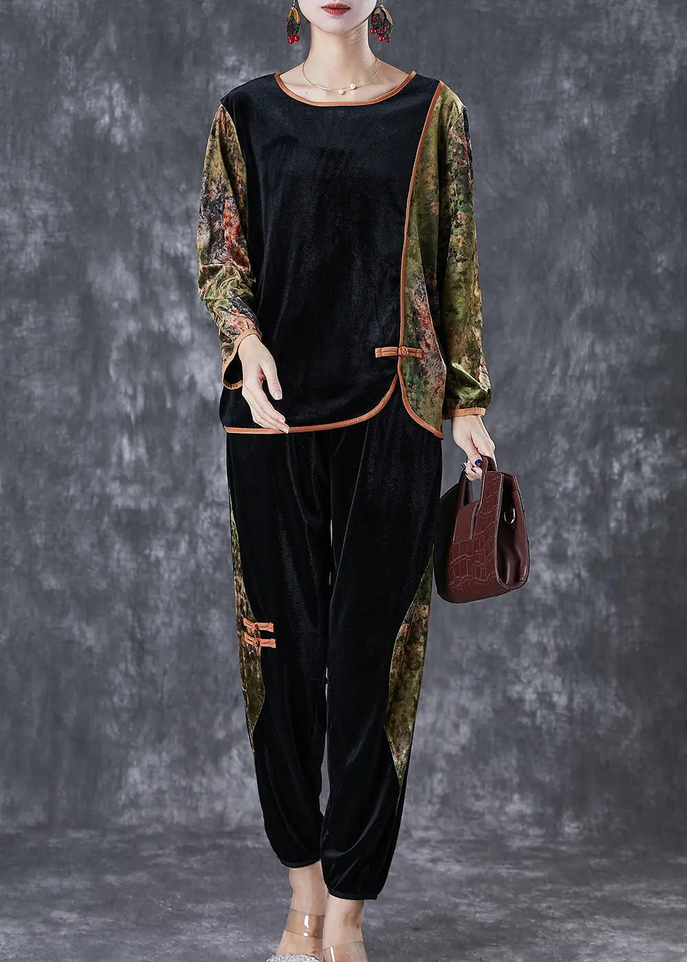Green Patchwork Silk Velour Women Two Pieces Chinese Button Set Fall Ada Fashion