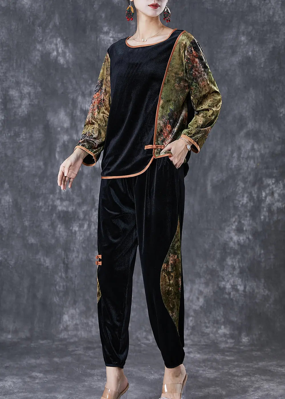 Green Patchwork Silk Velour Women Two Pieces Chinese Button Set Fall Ada Fashion