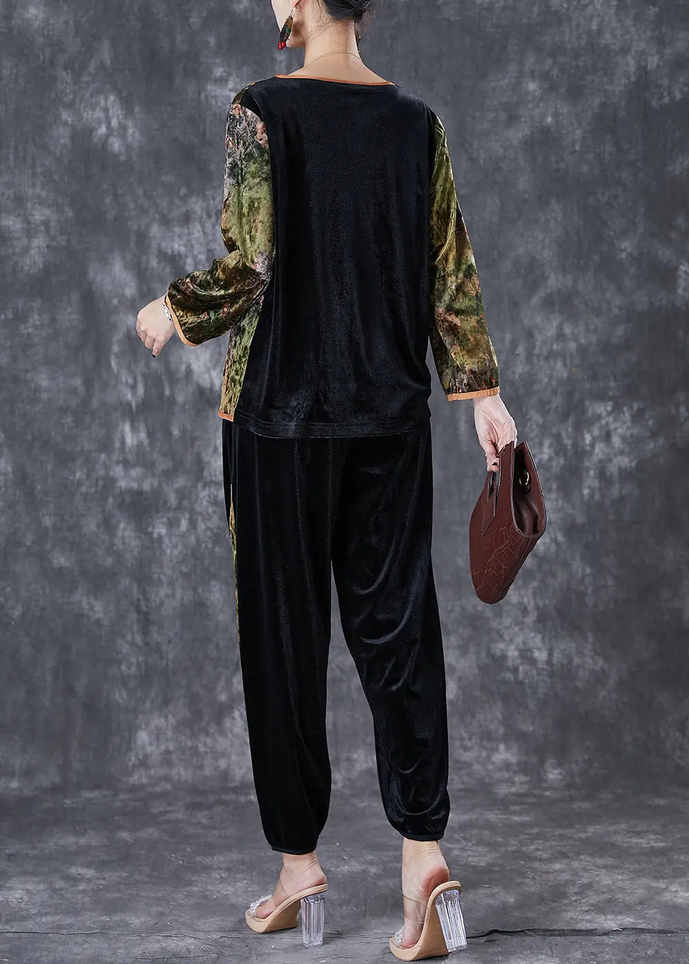 Green Patchwork Silk Velour Women Two Pieces Chinese Button Set Fall Ada Fashion