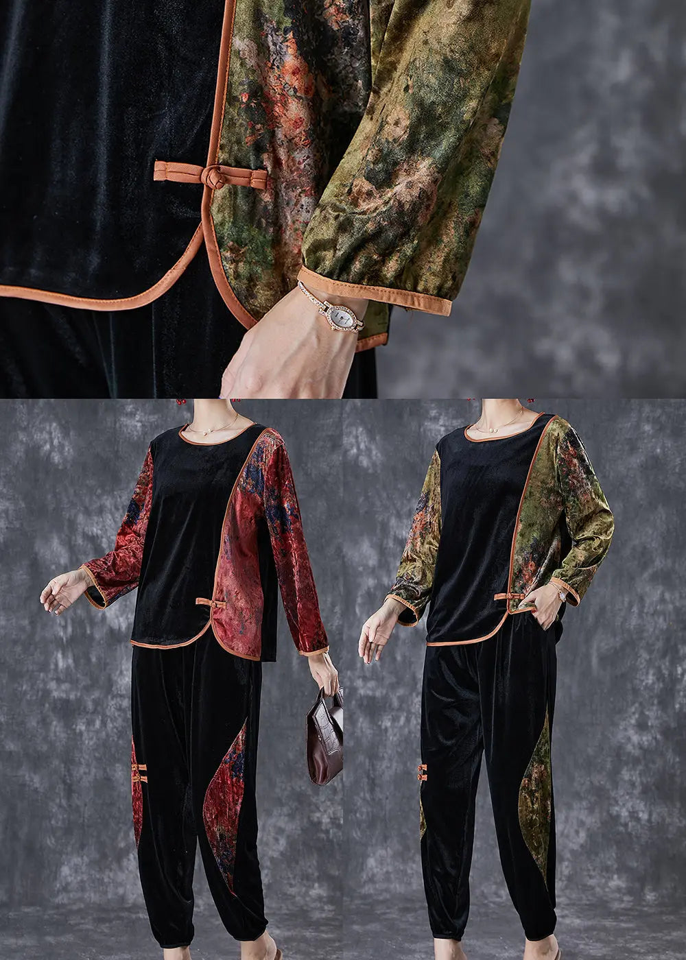 Green Patchwork Silk Velour Women Two Pieces Chinese Button Set Fall Ada Fashion