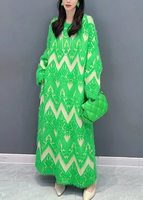 Green Patchwork Teddy Knit Sweater Dress O Neck Long Sleeve Ada Fashion