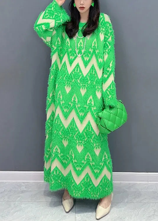 Green Patchwork Teddy Knit Sweater Dress O Neck Long Sleeve Ada Fashion