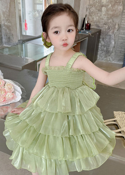 Green Patchwork Tulle Kids Girls Long Dresses Wrinkled Summer LY5504 - fabuloryshop