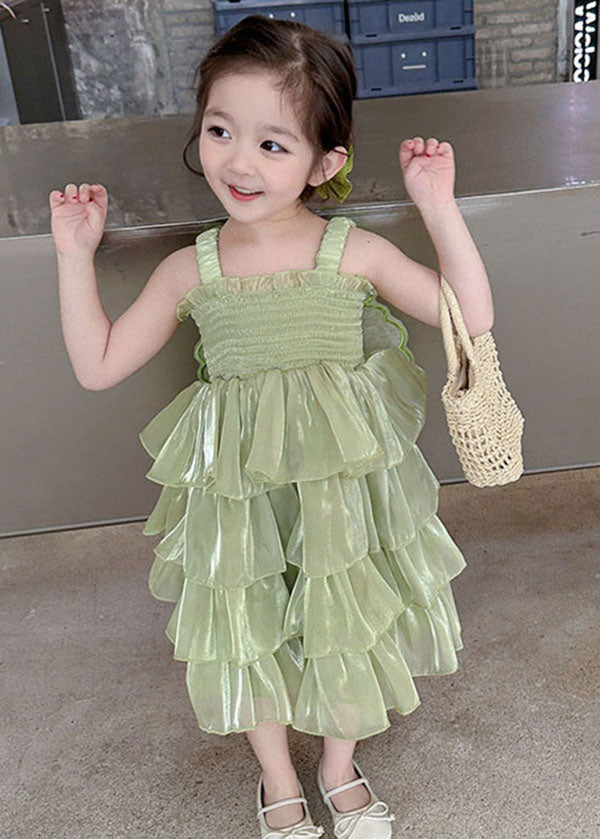 Green Patchwork Tulle Kids Girls Long Dresses Wrinkled Summer LY5504 - fabuloryshop