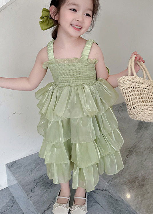 Green Patchwork Tulle Kids Girls Long Dresses Wrinkled Summer LY5504 - fabuloryshop